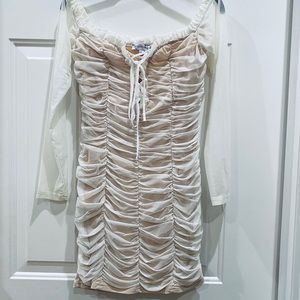 White mesh dress with ruched ruffles